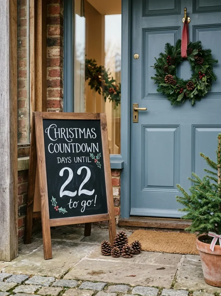 Chalkboard easel with daily Christmas countdown by a door