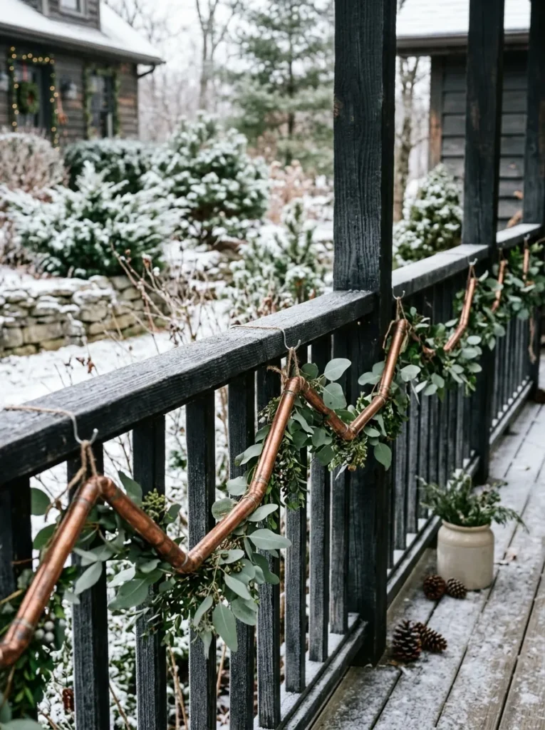 Copper pipe garland mixed with eucalyptus on a porch railing