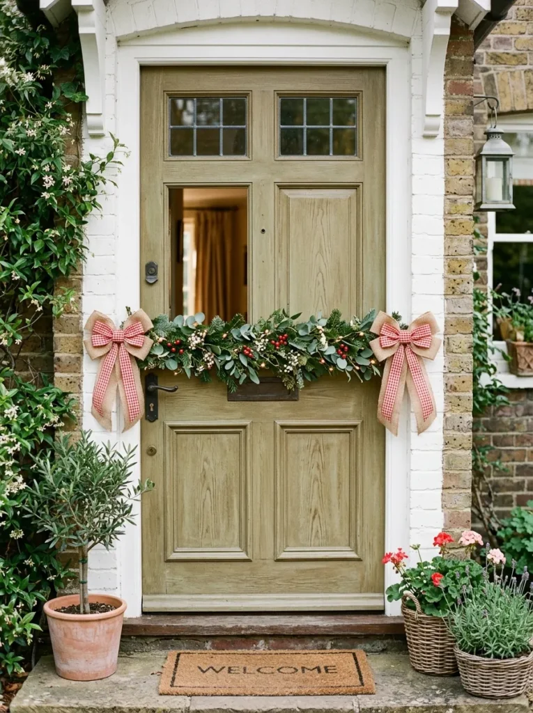 Front door with ribbon garland creating a Dutch door look