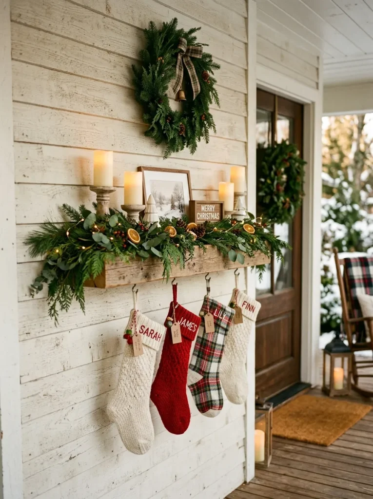 Faux mantel mounted on an exterior porch wall