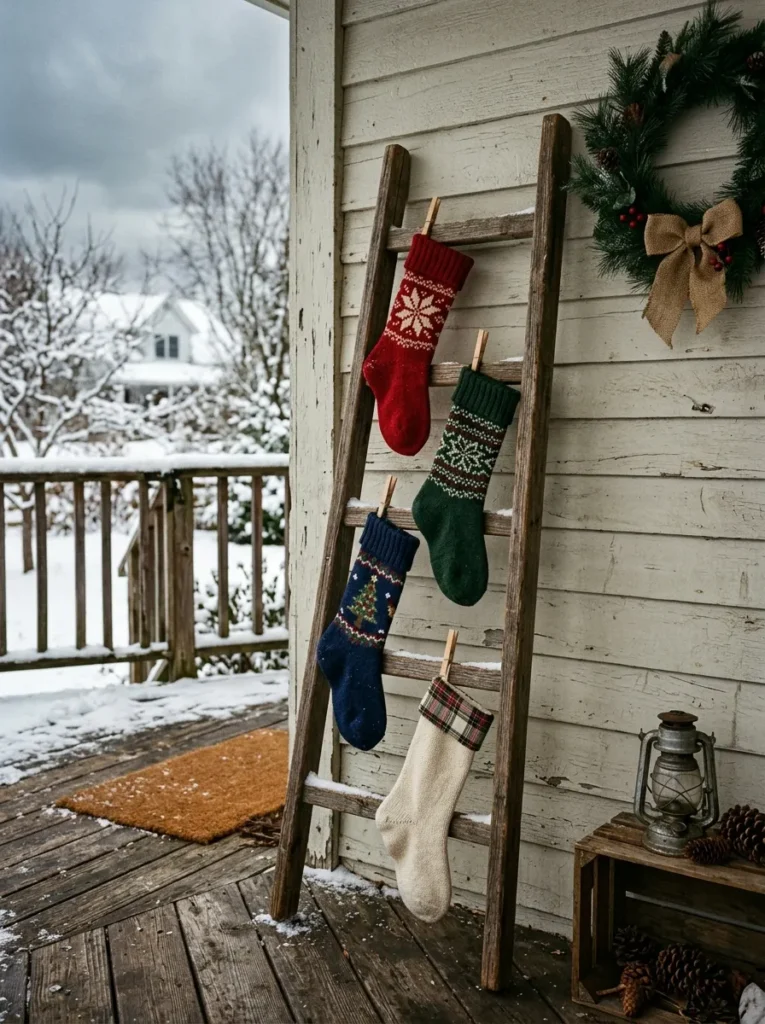 Wooden ladder with stockings clipped on, against a porch wall