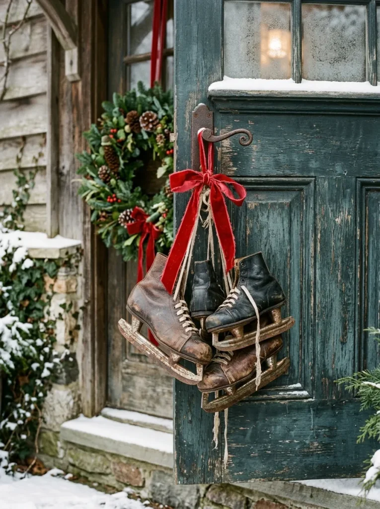 Mismatched vintage ice skates tied with ribbon on a door
