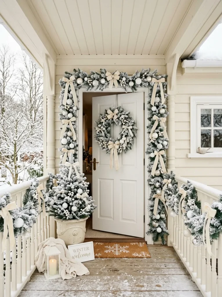 Front porch decorated entirely in white and cream