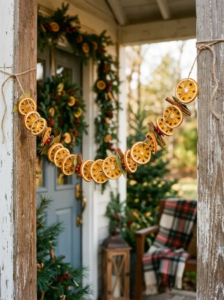 Dried orange and clove pomander garland between porch posts