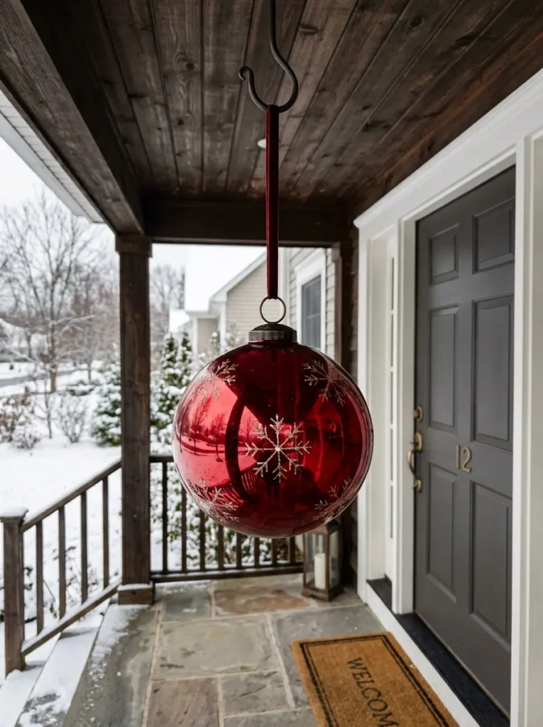 One oversized red ornament hanging near a front door
