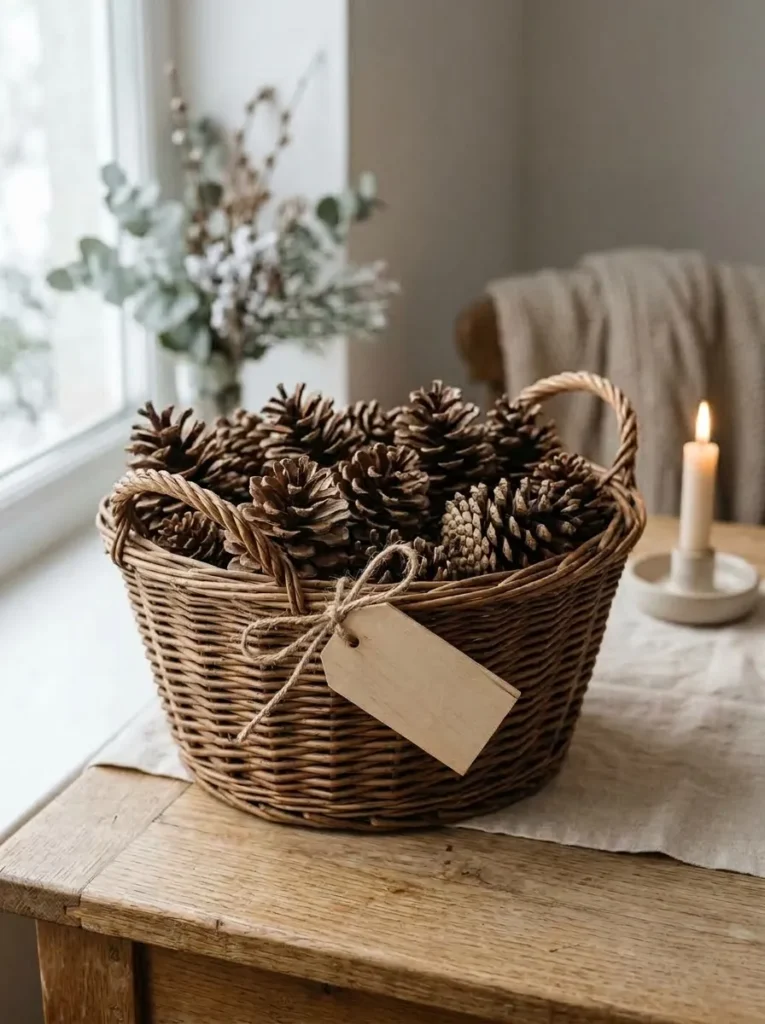 Woven basket of pinecones with a hand-stamped tag