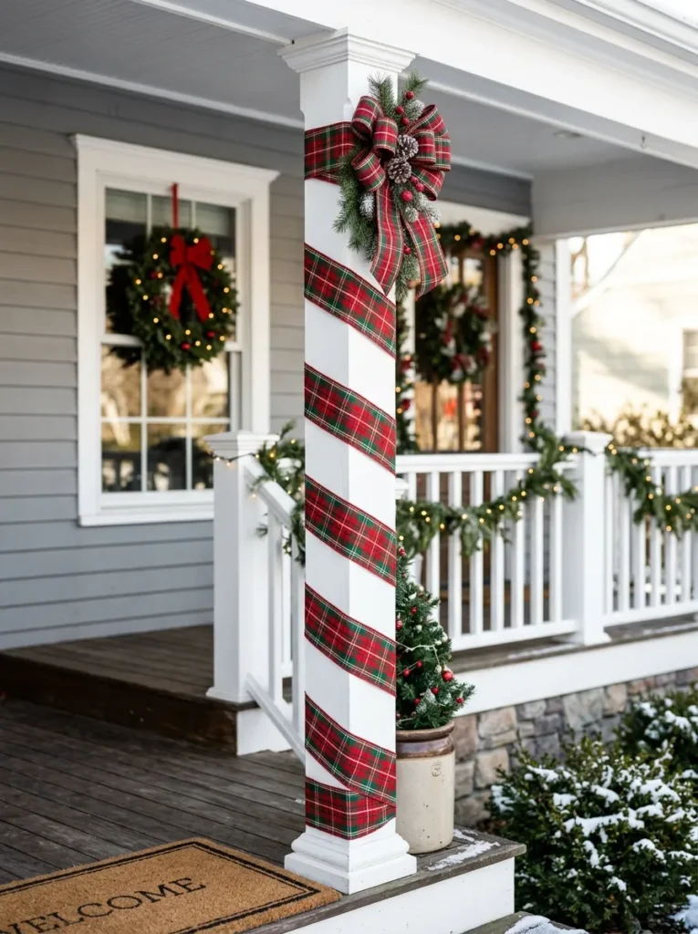 Porch column wrapped spirally in plaid ribbon
