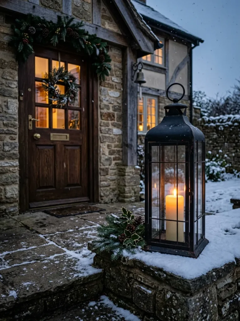 One large lantern placed asymmetrically by a front door
