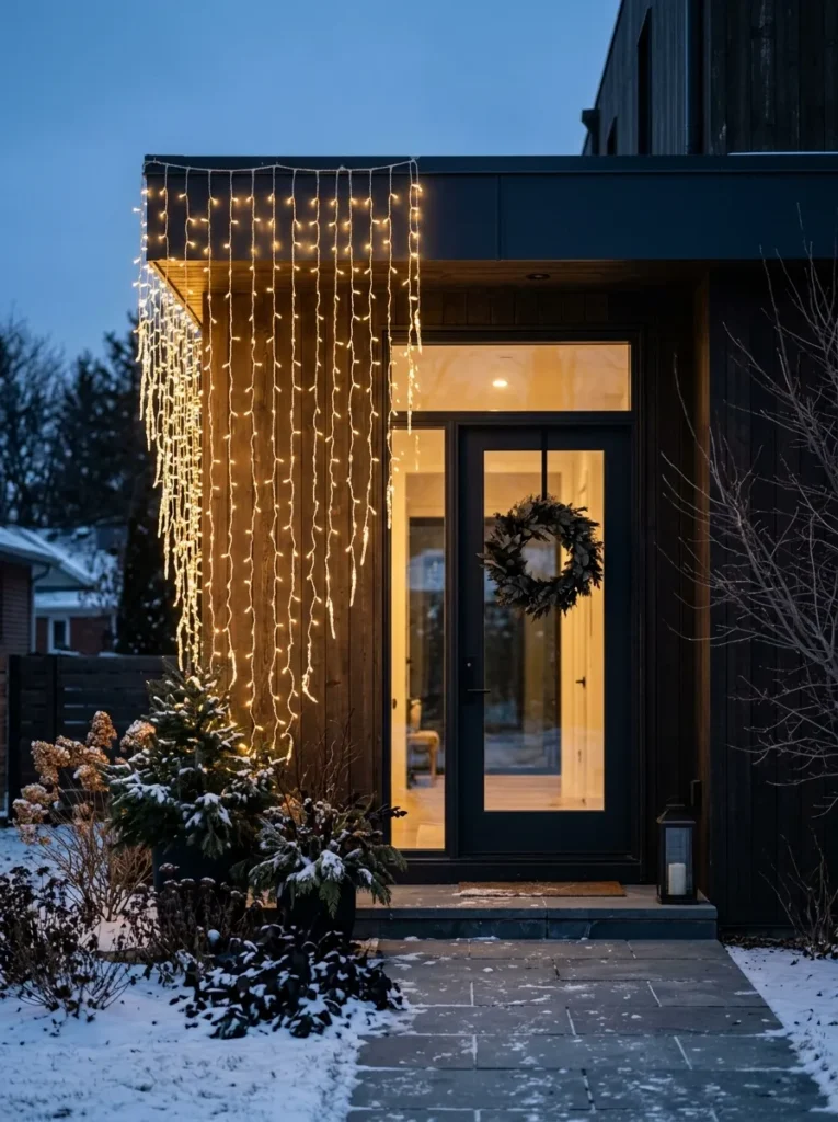 Icicle lights down one side of a front door