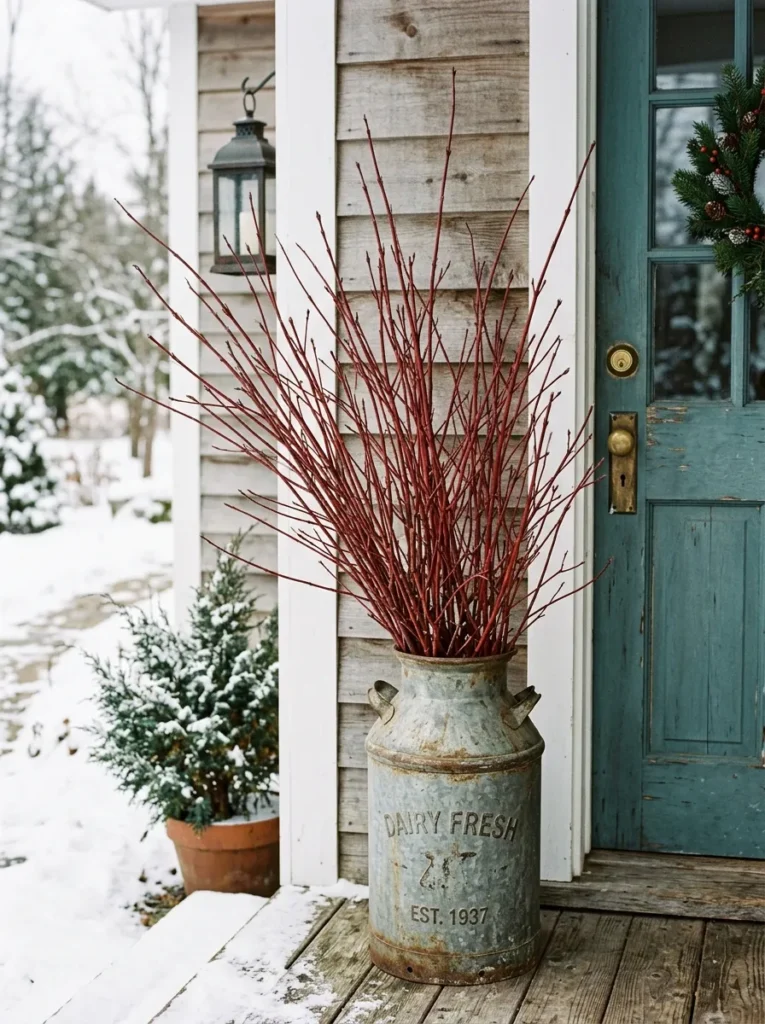 Vintage milk can with red-twig dogwood branches on a porch