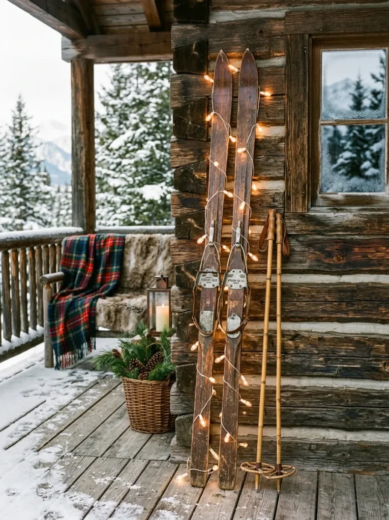 Vintage wooden skis with string lights against a porch wall
