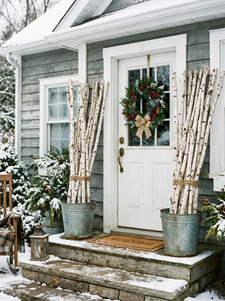 Whitewashed birch branches in galvanized buckets by a front door