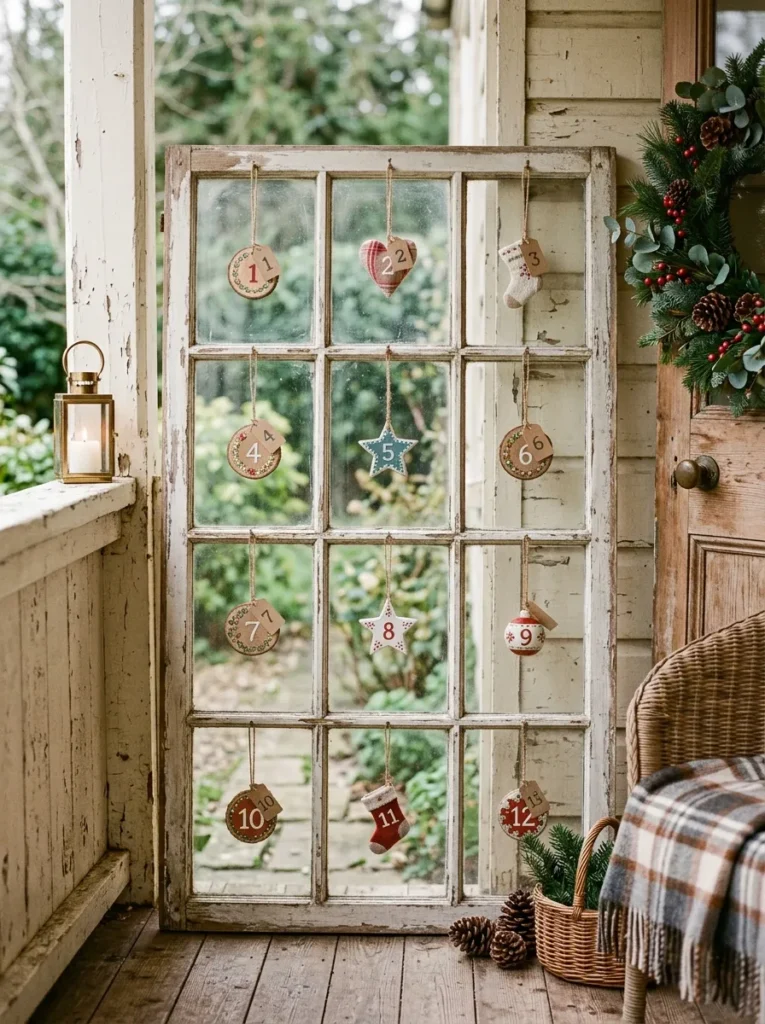 Reclaimed window frame as an outdoor advent calendar