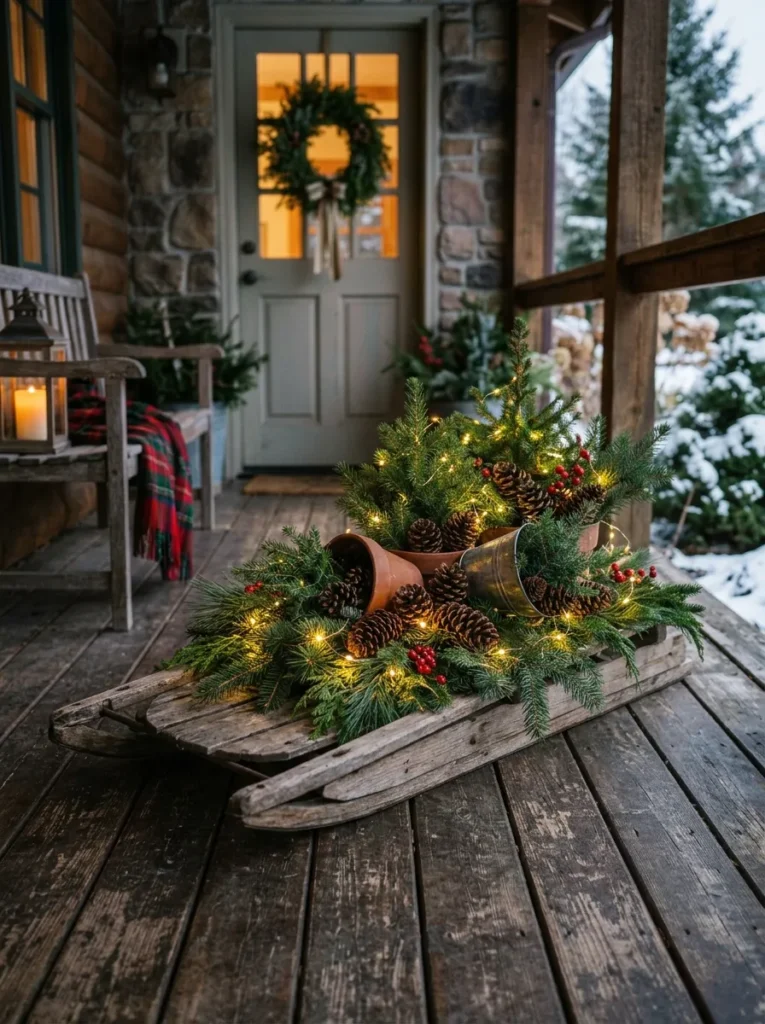 Wooden sled used as a planter with evergreens and lights