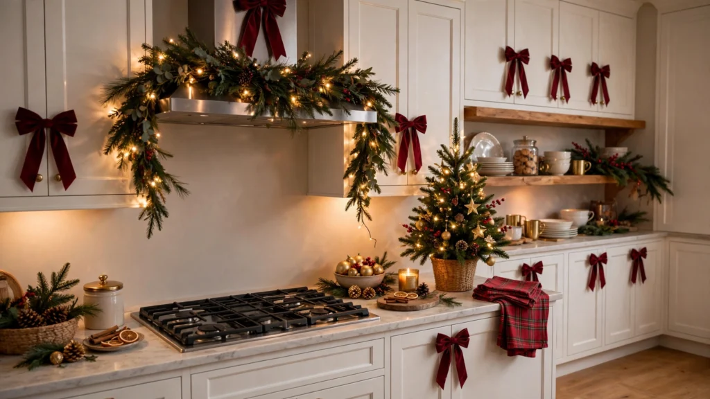 Bright kitchen decorated for Christmas with burgundy velvet bows on white cabinets, evergreen garland with twinkle lights over the range hood, and red and gold holiday accents