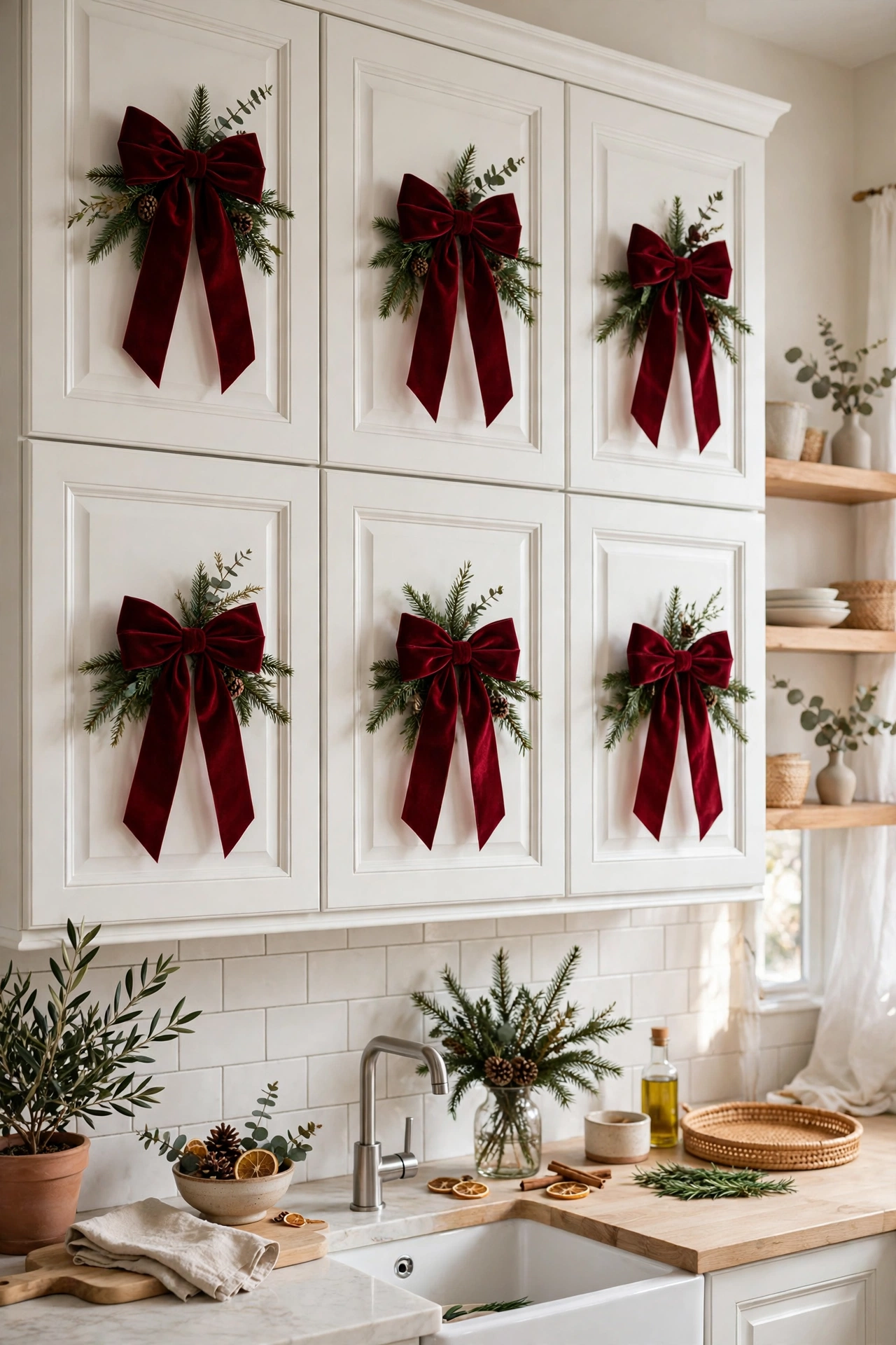 Burgundy velvet bows tied on white kitchen cabinet doors with evergreen sprigs for Christmas kitchen decor