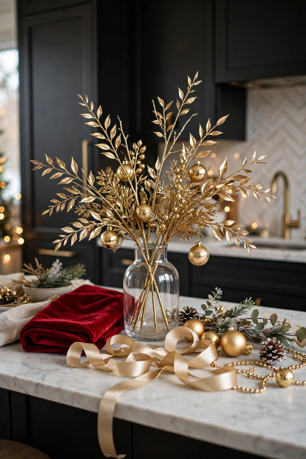 Modern glam Christmas kitchen vignette with gold ornaments, metallic branches and red velvet ribbon on a marble countertop