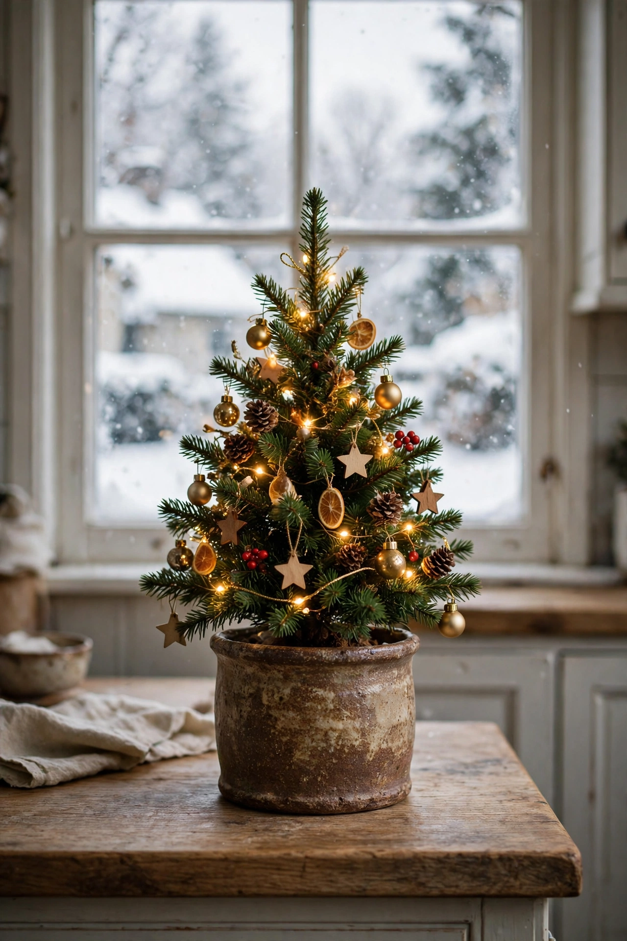 Tiny decorated Christmas tree in a rustic ceramic pot with miniature ornaments on a kitchen countertop