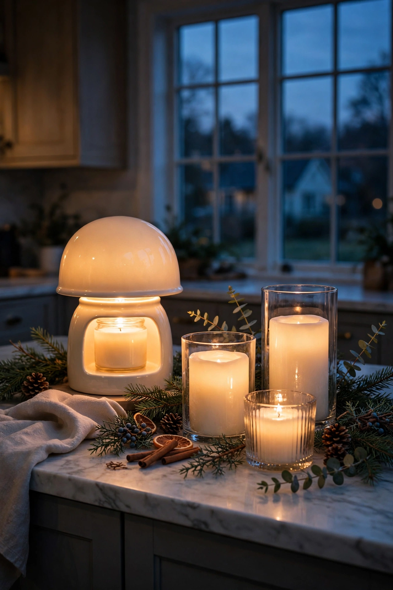 Glowing candle warmer lamp and flameless candles in glass holders on a Christmas kitchen counter at dusk