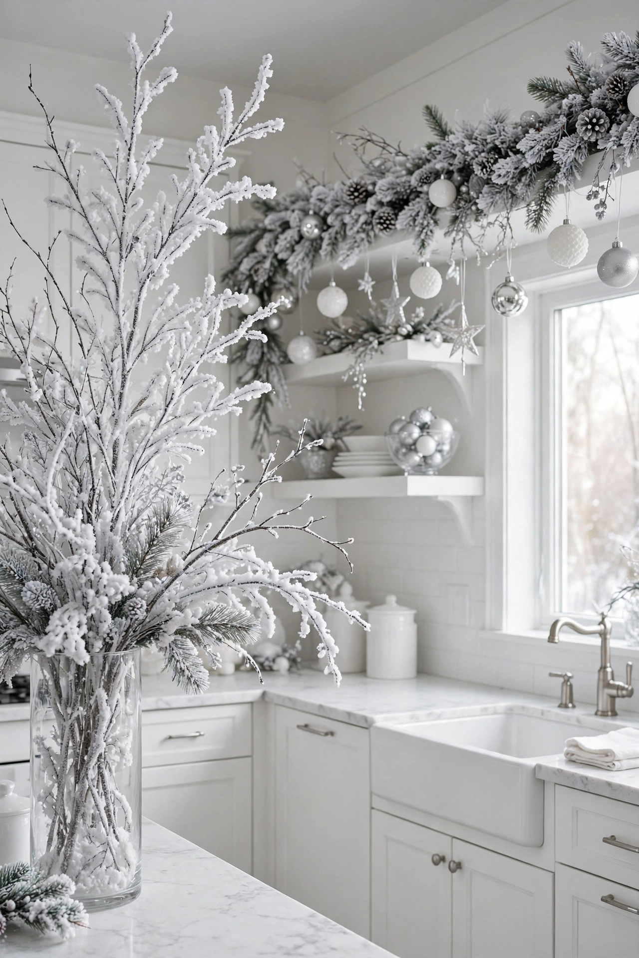 White winter wonderland Christmas kitchen with frosted snowy branches in a tall vase and silver ornaments