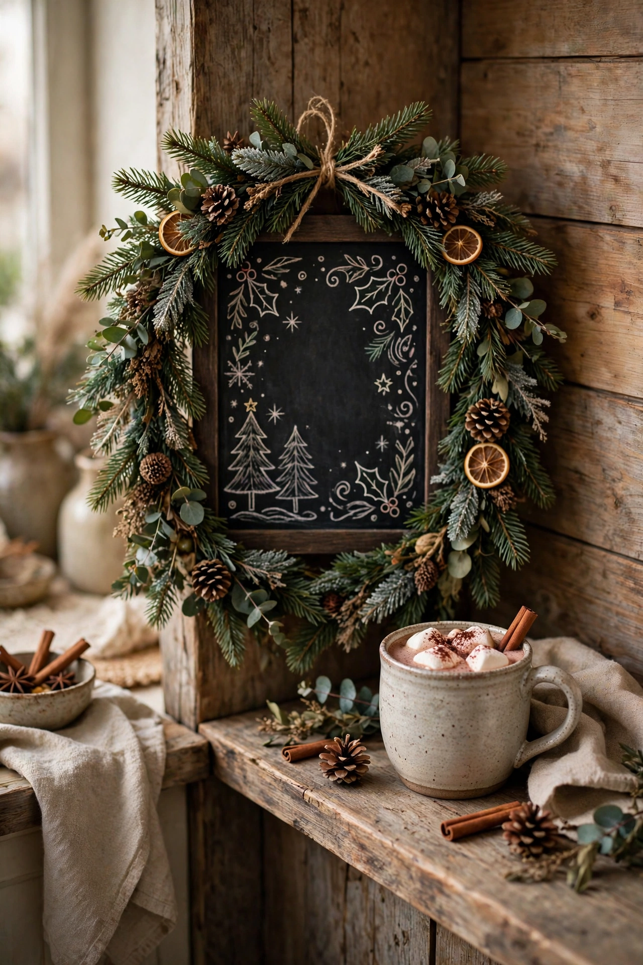 Small chalkboard Christmas sign with holiday message framed in garland beside a mug of cocoa in a kitchen
