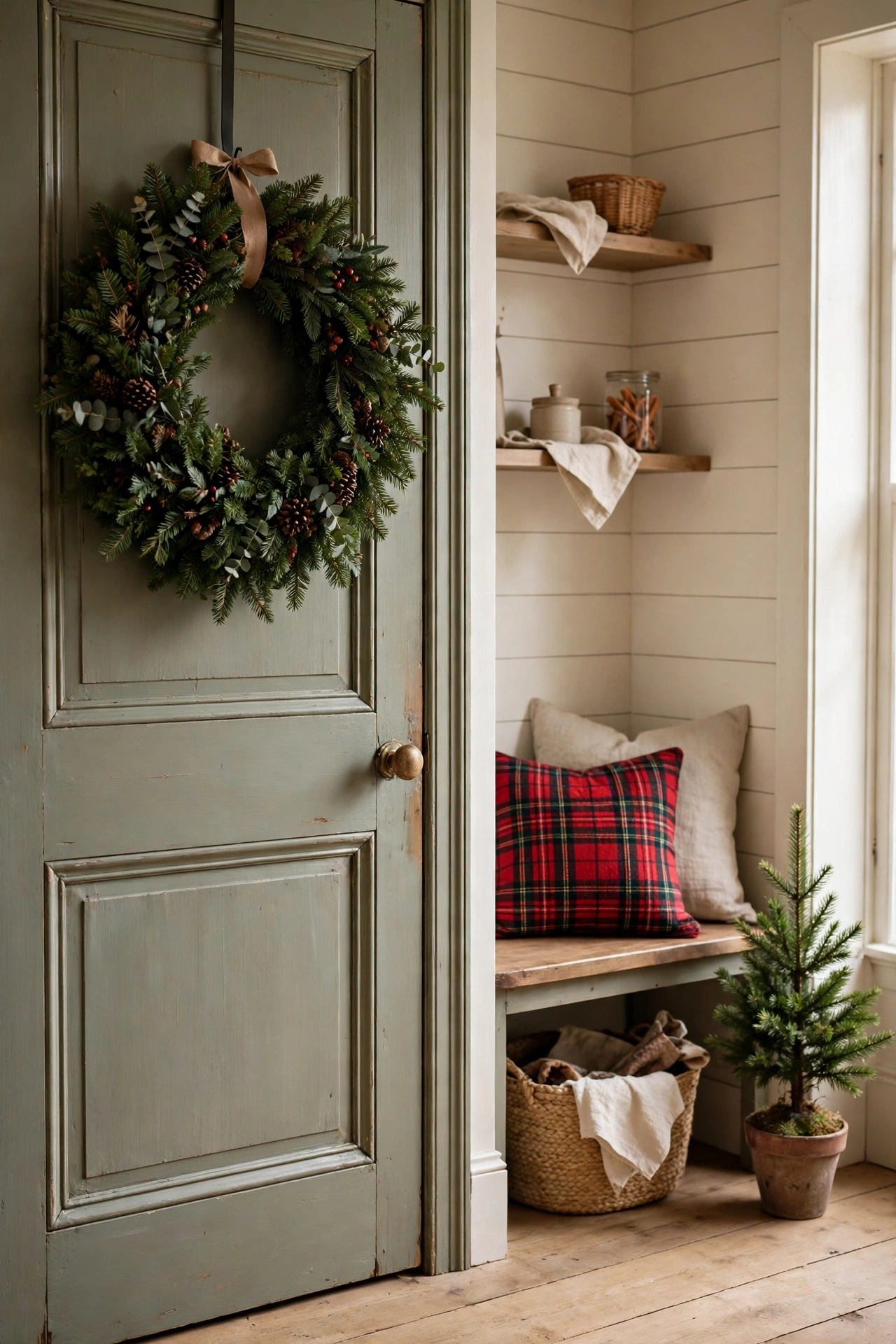 Evergreen Christmas wreath on a pantry door beside a cozy kitchen nook with a plaid cushion and small potted pine