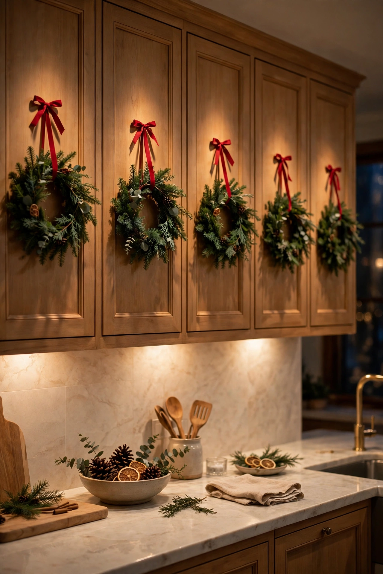 Small fresh evergreen Christmas wreaths hung with red ribbon on kitchen upper cabinet doors