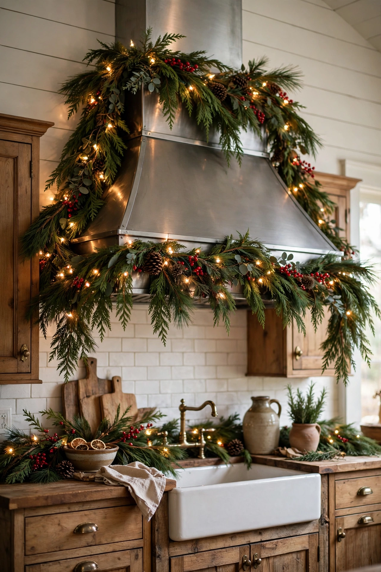Cedar and pine garland with warm twinkle lights and red berries draped over a kitchen range hood