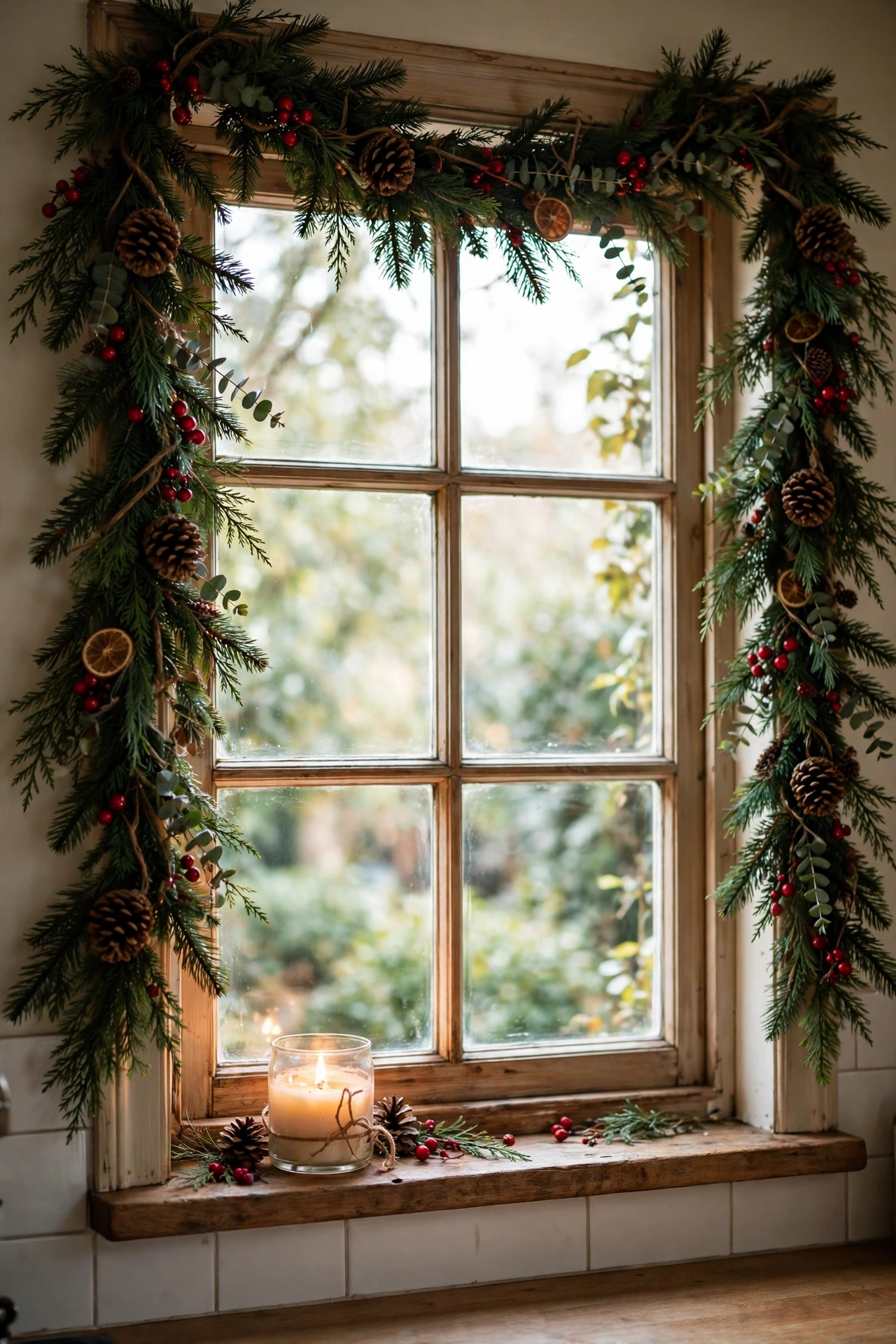 Christmas garland with pinecones and red berries framing a kitchen window above the sink