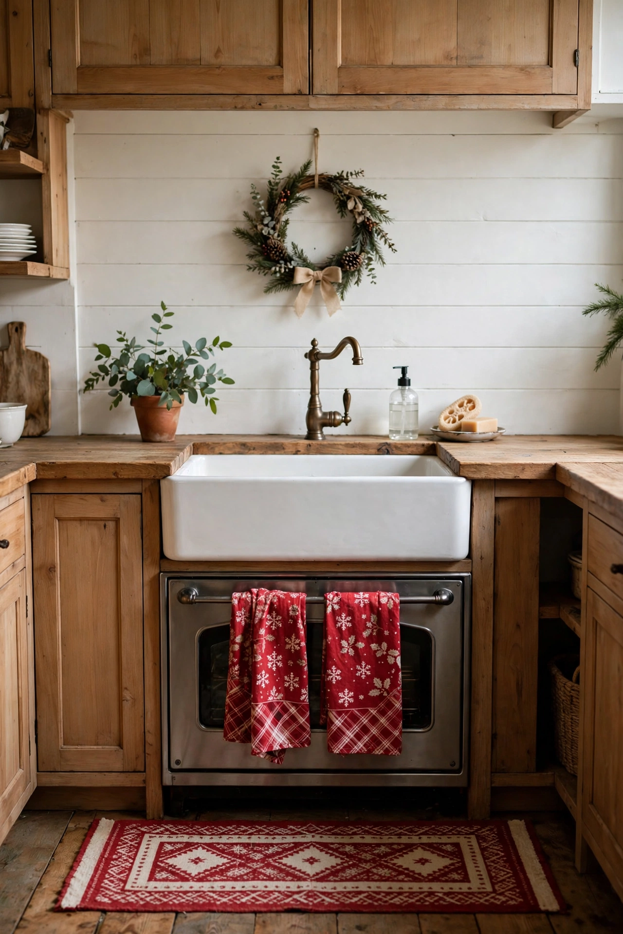 Red patterned Christmas dish towels and a holiday runner rug in a cozy farmhouse kitchen