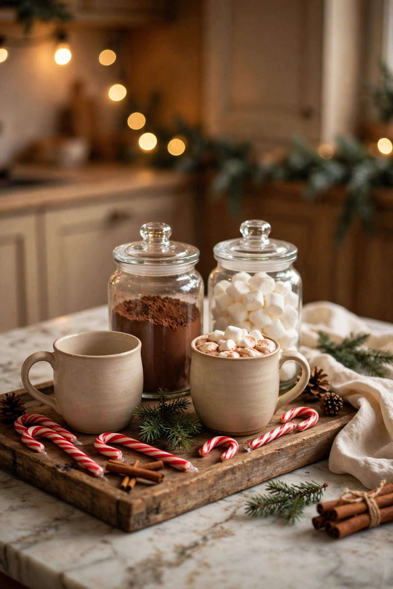 Christmas hot cocoa station with ceramic mugs, cocoa jars, marshmallows and candy canes on a kitchen counter
