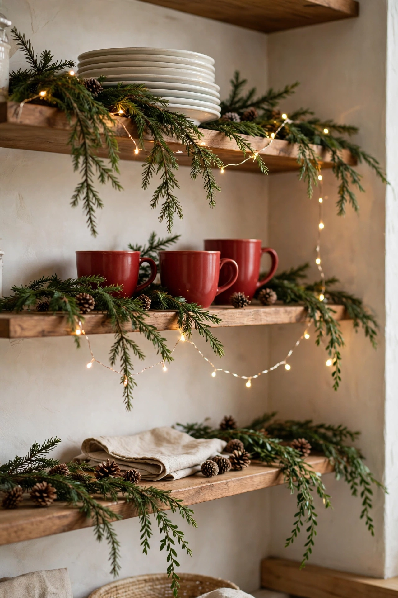 Open kitchen shelves styled for Christmas with red mugs, trailing greenery, pinecones and warm fairy lights