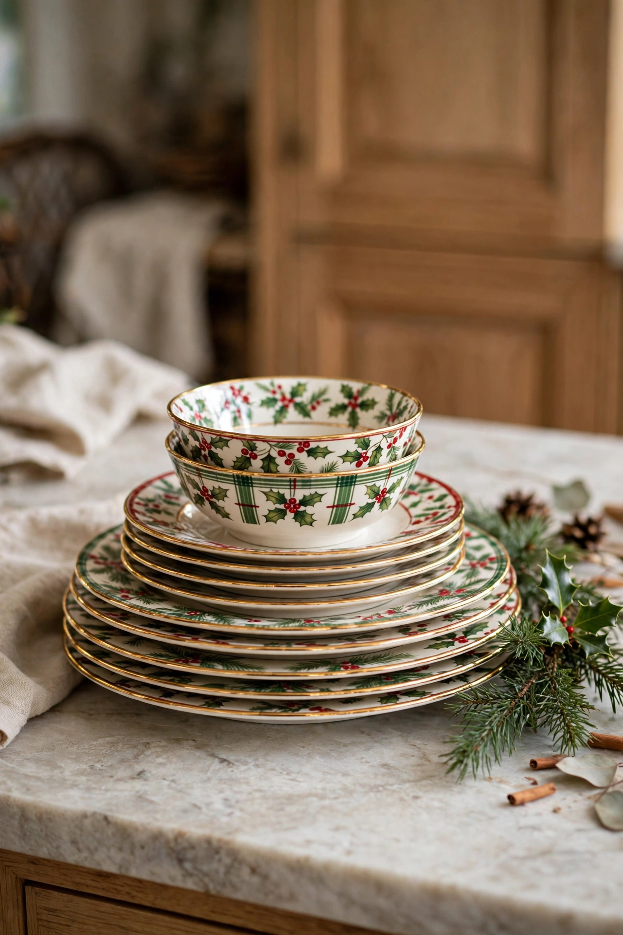 Stack of Christmas plates and bowls with red and green holiday patterns displayed on a kitchen counter