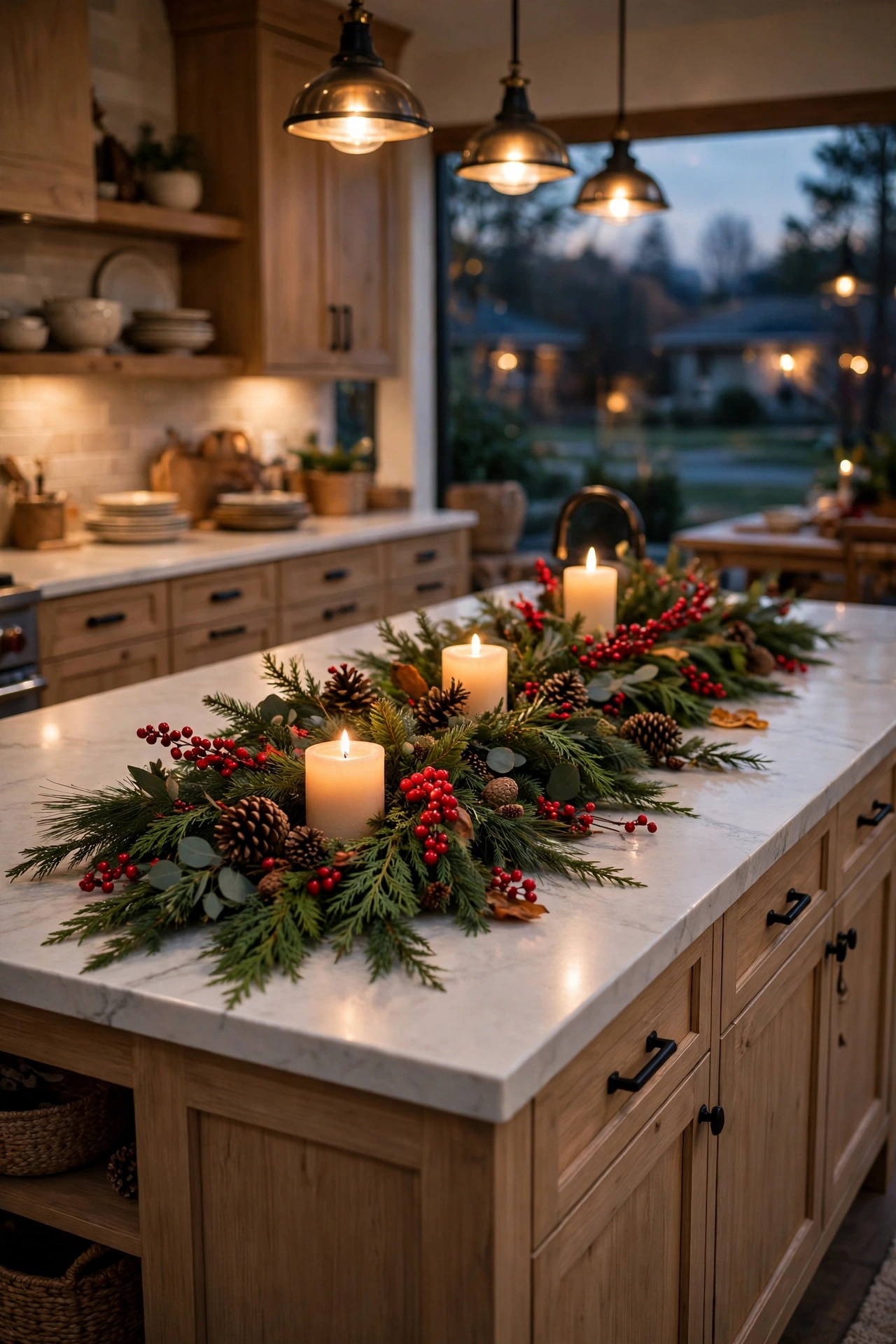 Kitchen island Christmas centerpiece with an evergreen runner, glowing pillar candles, red berries and pinecones