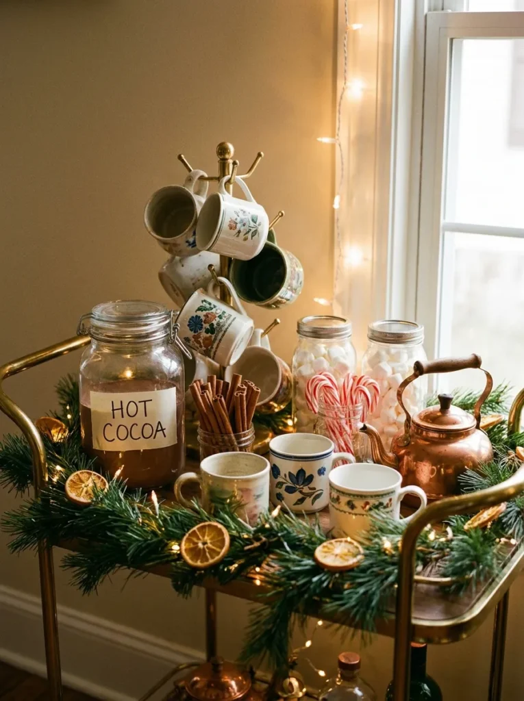 Brass bar cart styled as a holiday hot cocoa station
