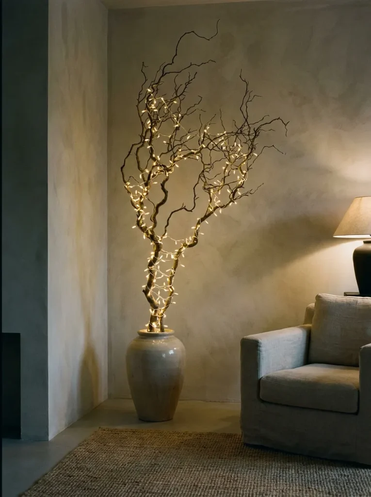 Tall bare branch wound with string lights in a corner