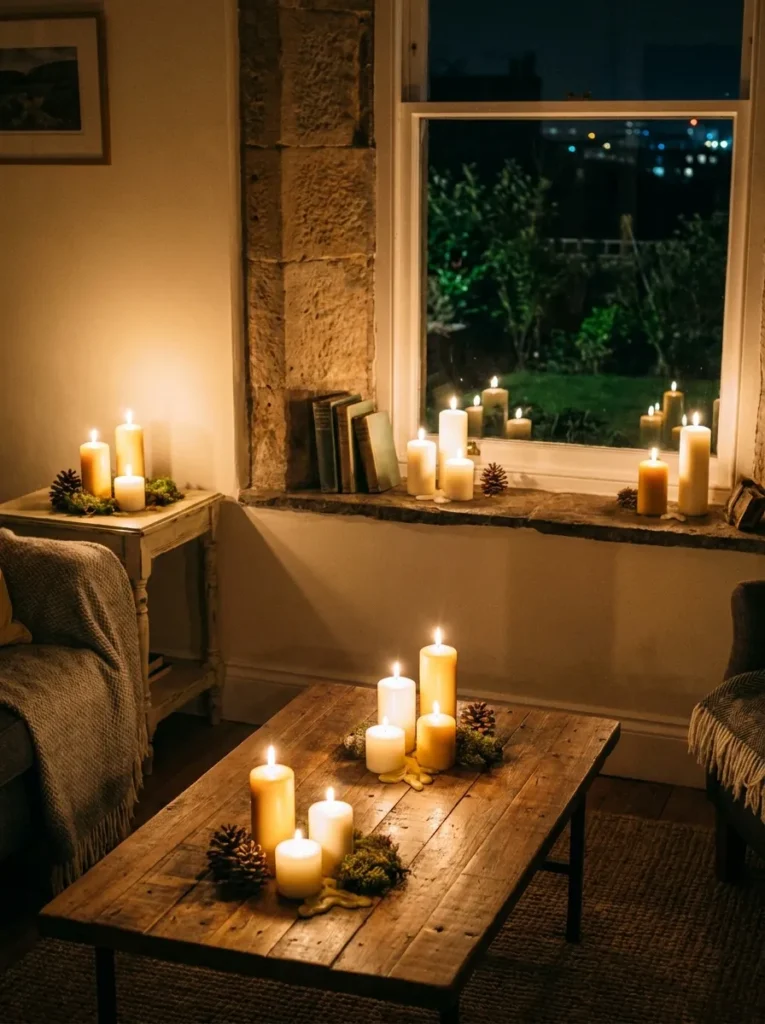 Small pillar candle clusters on a living room coffee table