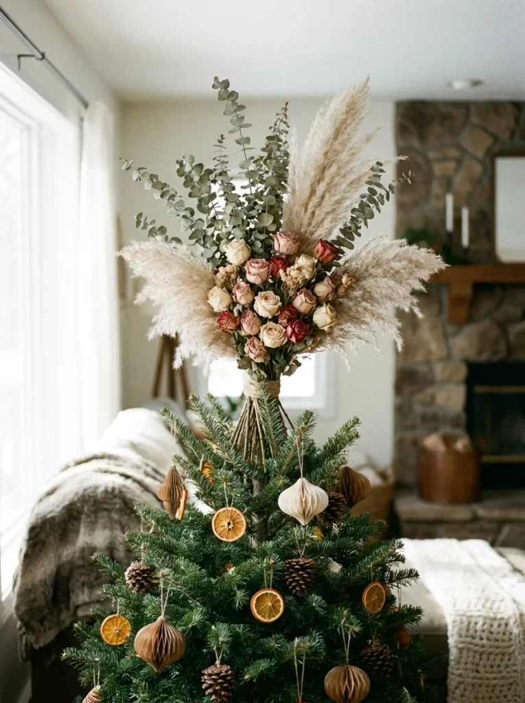 Christmas tree topped with a dried botanical bundle