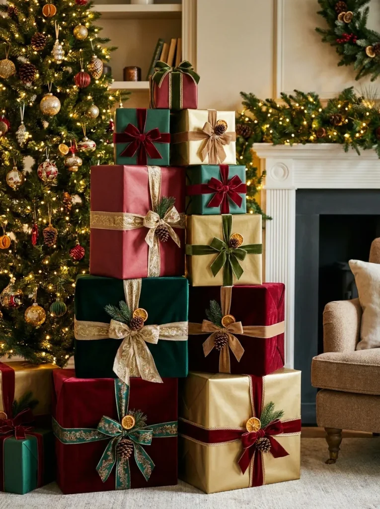 Oversized wrapped empty gift boxes near a Christmas tree