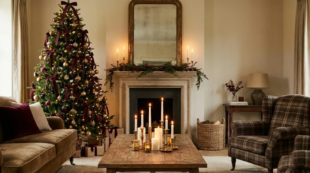 Cozy Christmas living room with a two-tone decorated tree, dressed mantel, and candlelight clusters