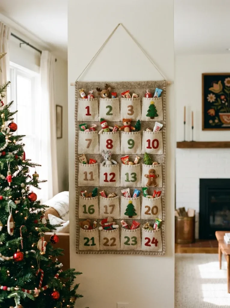 Large felt advent calendar hung as wall art near a tree