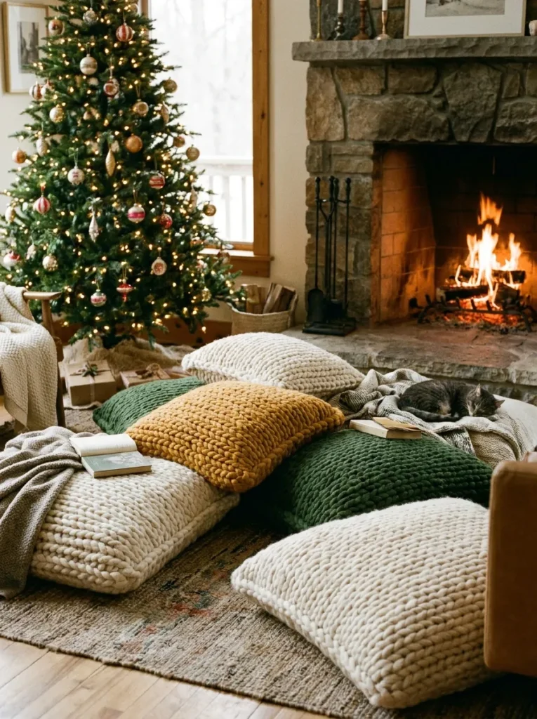 Chunky knit floor cushions arranged near a Christmas tree