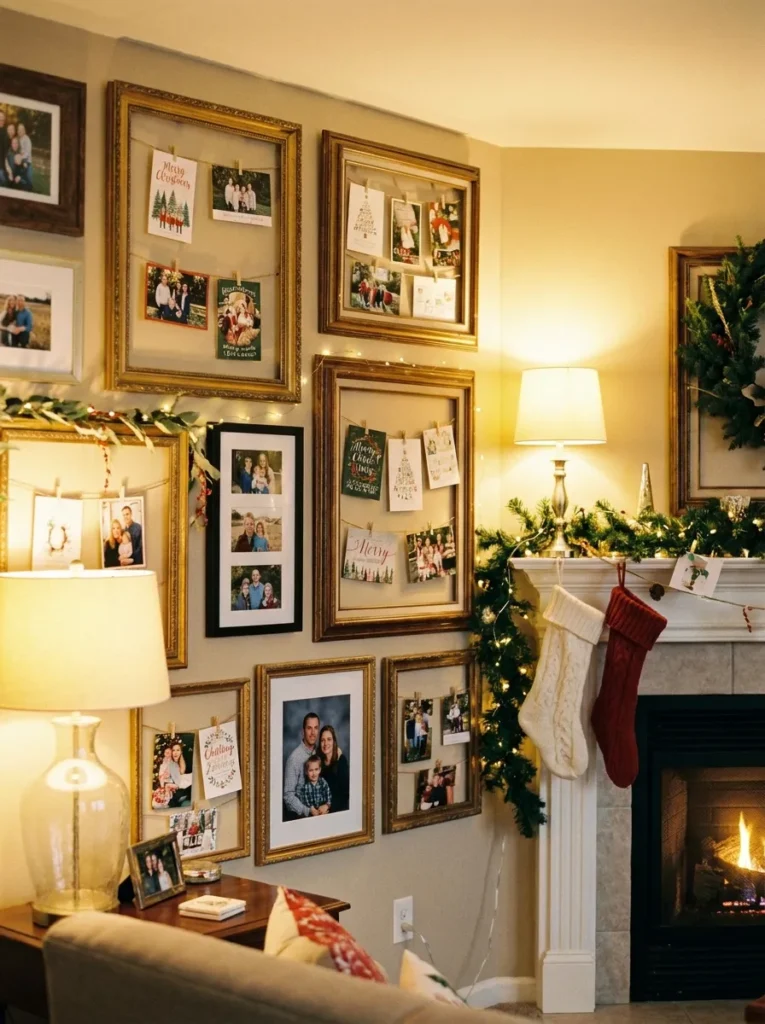 Gallery wall frames displaying holiday greeting cards