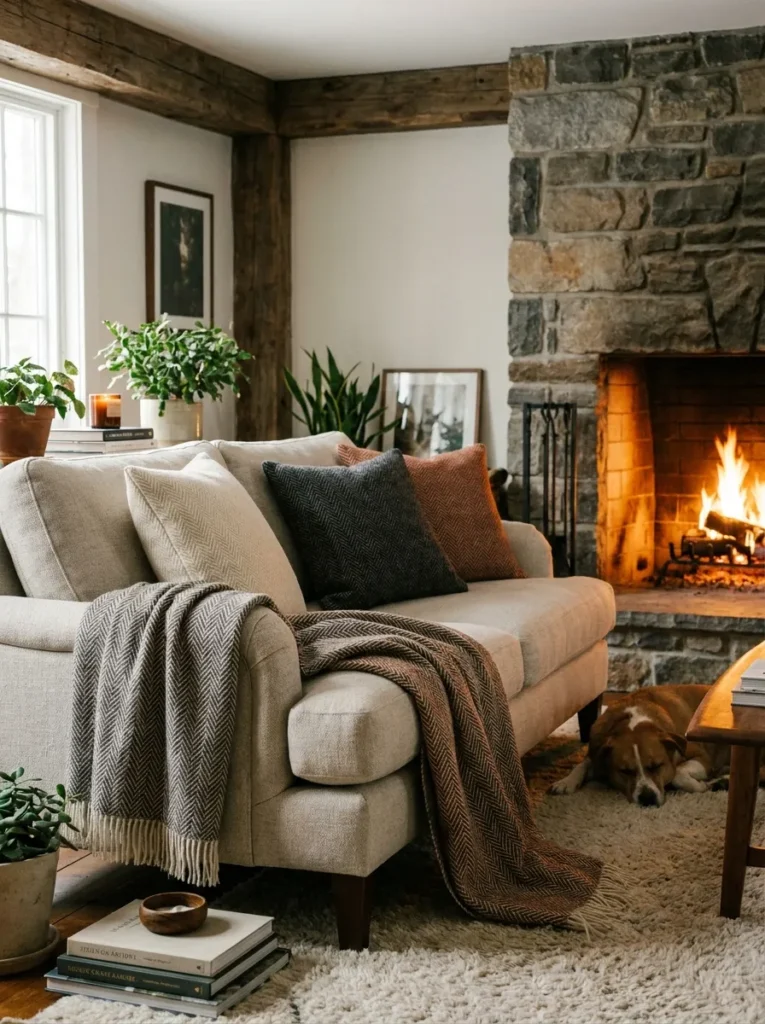 Sofa styled with herringbone throw pillows