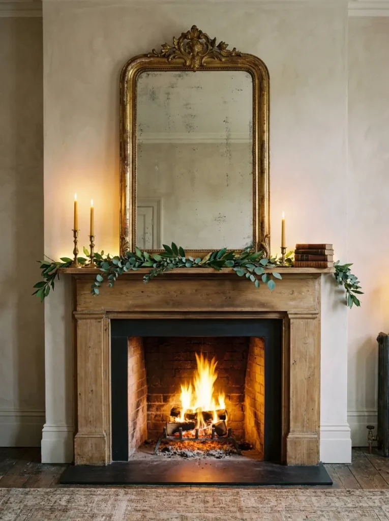 Fireplace mantel styled with one large vintage mirror and thin garland