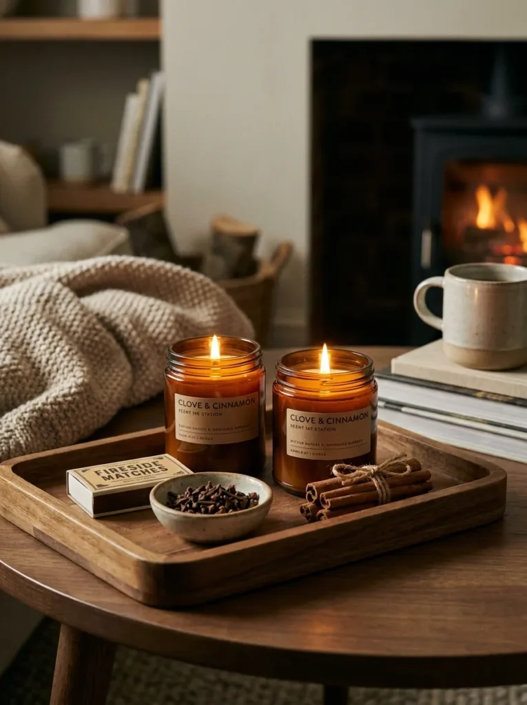Wooden tray styled as a holiday scent station