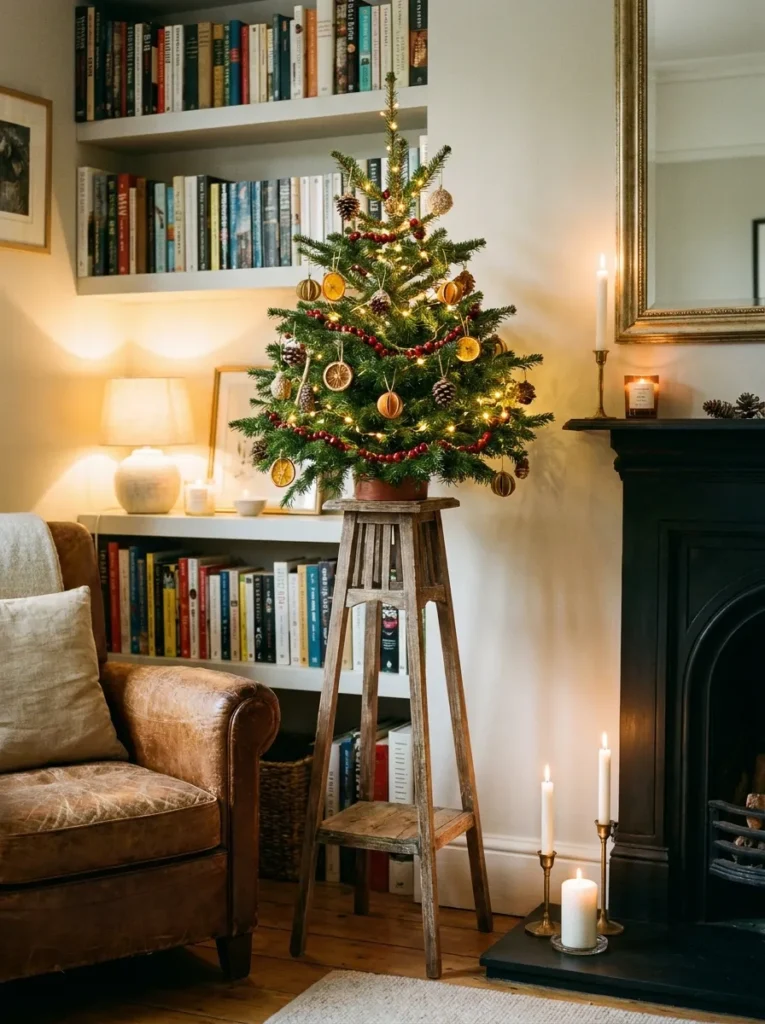 Small Christmas tree displayed on a tall wooden plant stand