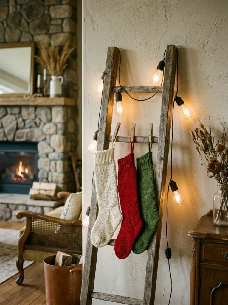 Stockings clipped to a wooden ladder against a living room wall