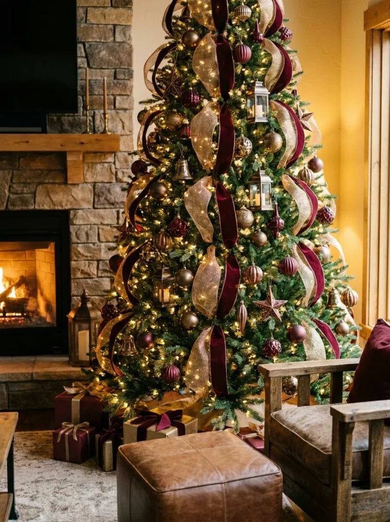 Christmas tree decorated in burgundy and brass ornaments only