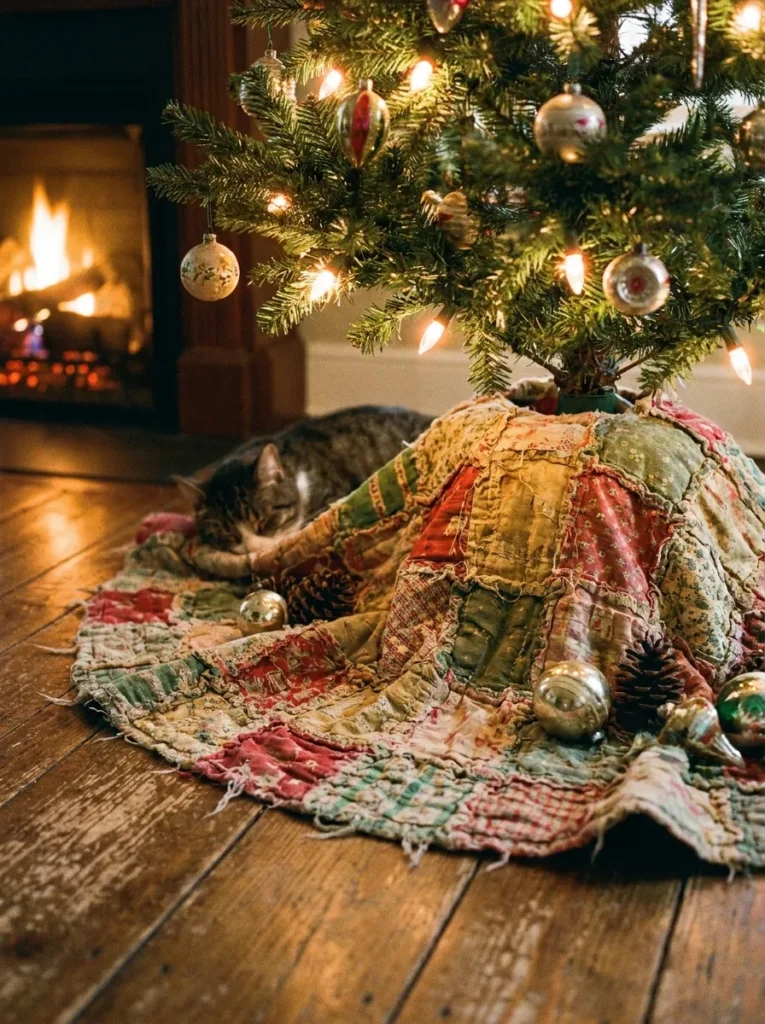 Christmas tree base wrapped in a vintage patchwork quilt